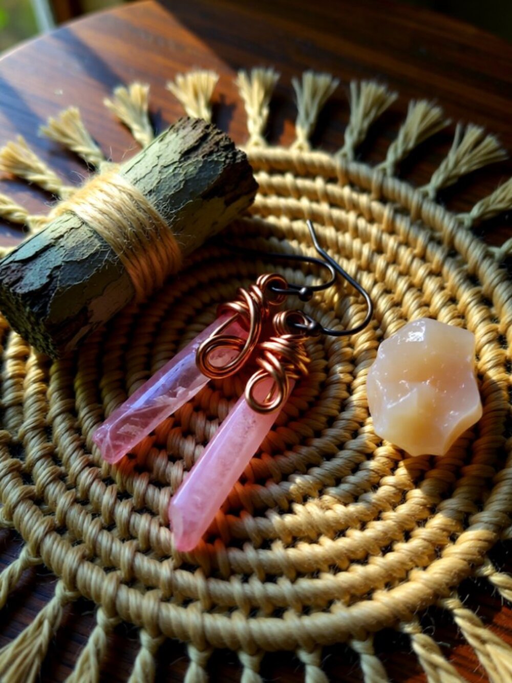 Rustic Rough Wire Wrapped Pink Angel Quartz Spike Earrings - Sensual Contrasts - Picture 3 of 5